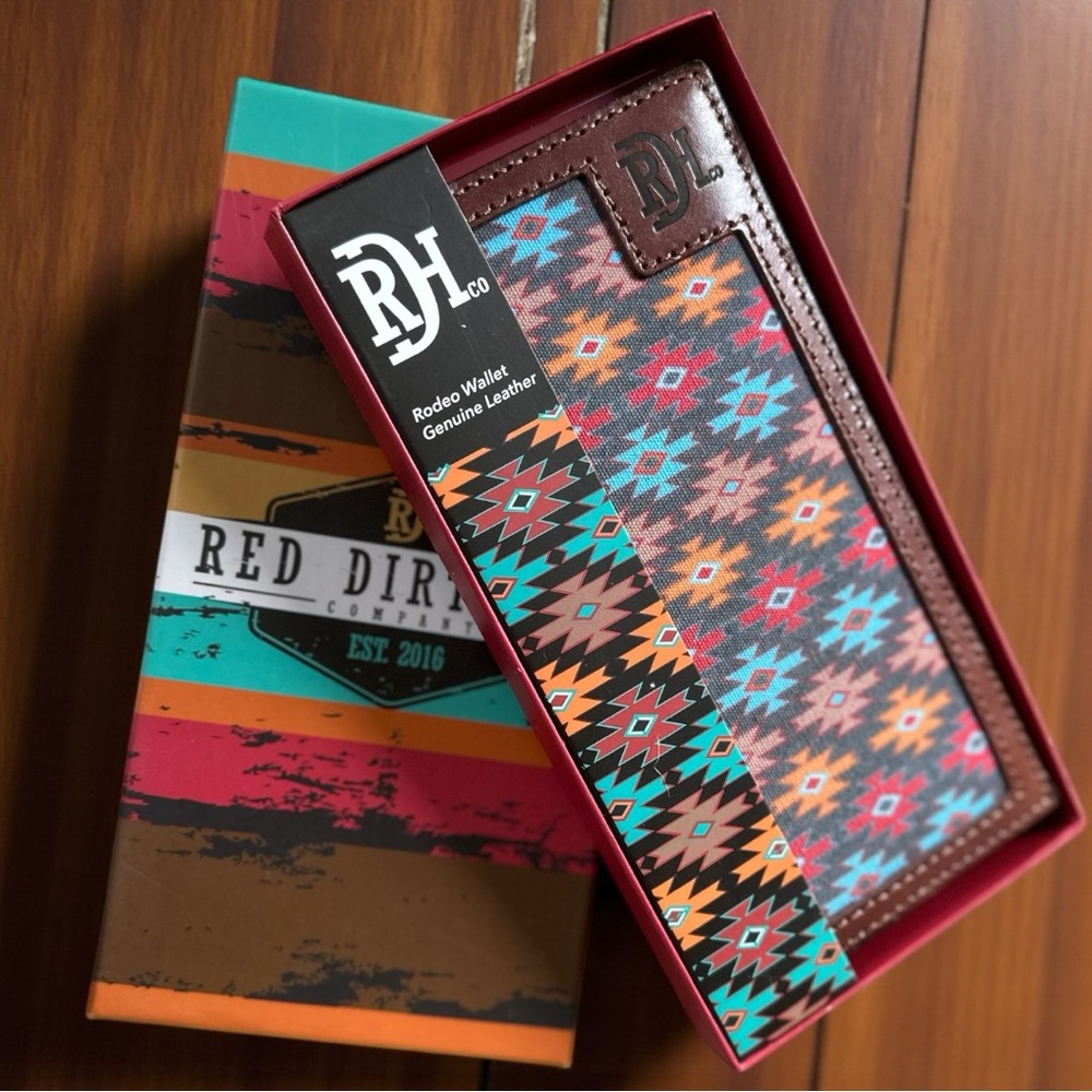 New Red Dirt Western Wallet Mens Rodeo Leather Southwestern Canvas Inlay Aztec